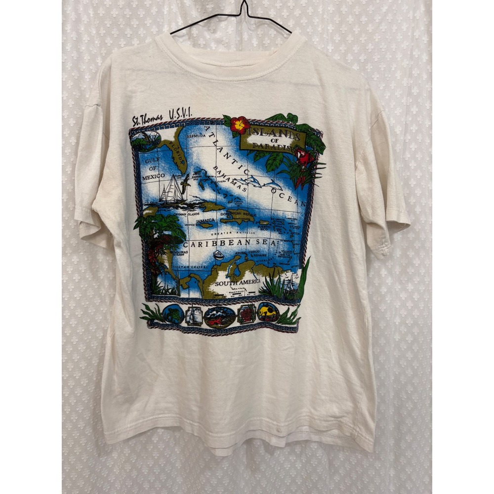 Vintage Islands of Paradise Caribbean Map T-Shirt St Thomas USVI Cream Large